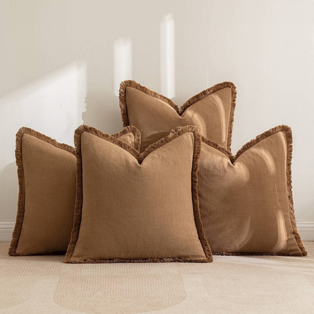 MIULEE Linen Pillow Covers 18x18 Inch Brown Decorative Throw Pillows with Fringe Pack of 4 Soft Farmhouse Boho Couch Pillows Home Decors for Sofa Cushion Living Room Bed