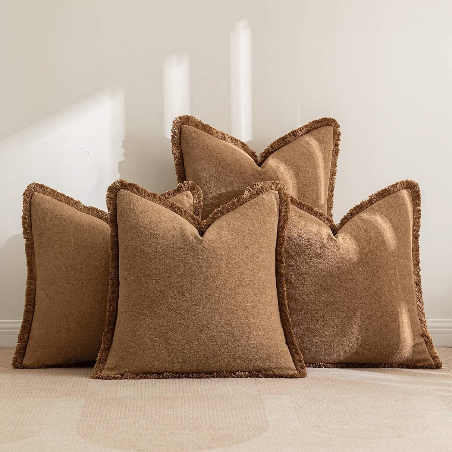 MIULEE Linen Pillow Covers Natural Beige Decorative Throw Pillows with Fringe (Pack of 4)