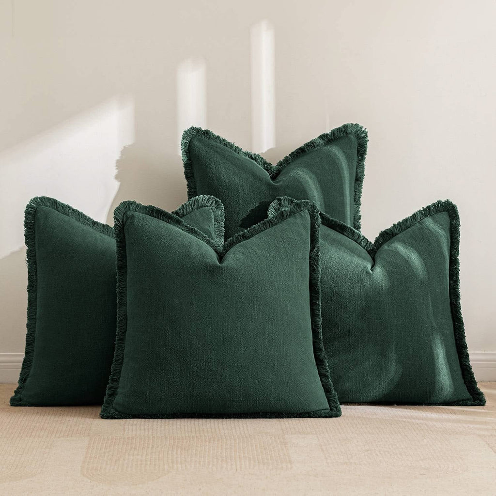 MIULEE Linen Pillow Covers 18x18 Inch Christmas Dark Green Decorative Throw Pillows with Fringe Pack of 4 Soft Farmhouse Boho Couch Pillows Home Decors for Sofa Cushion Living Room Bed