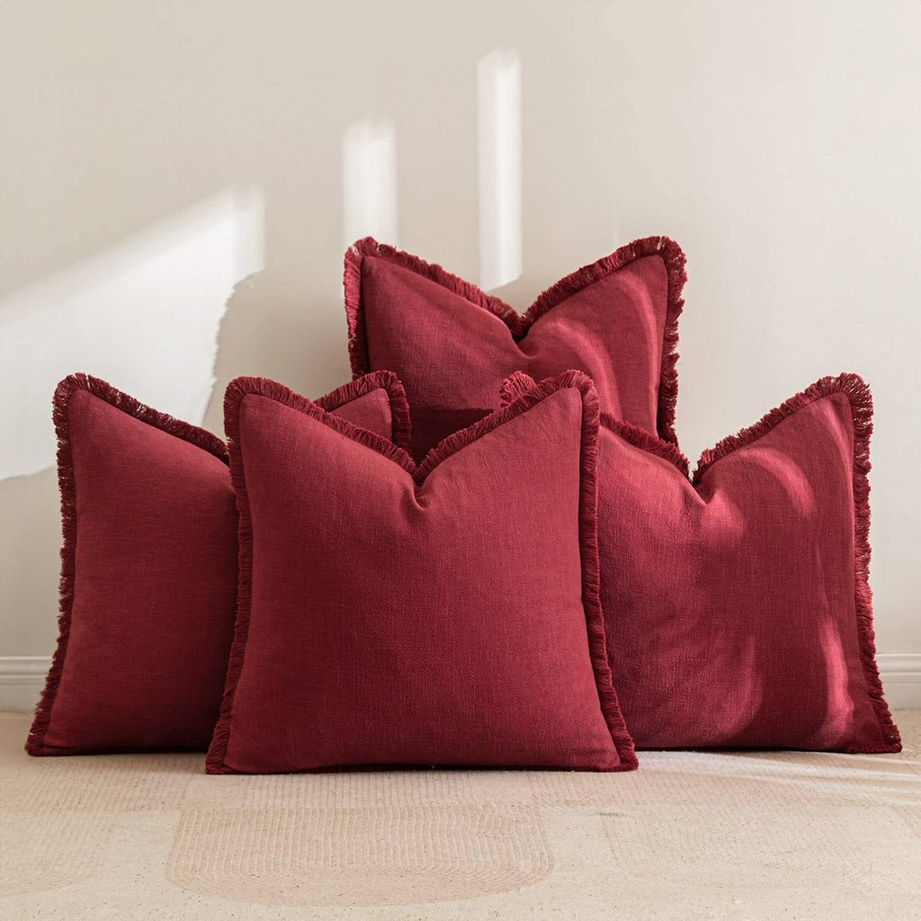 MIULEE Linen Pillow Covers 18x18 Inch Christmas Burgundy Red Decorative Throw Pillows with Fringe Pack of 4 Soft Farmhouse Boho Couch Pillows Home Decors for Sofa Cushion Living Room Bed