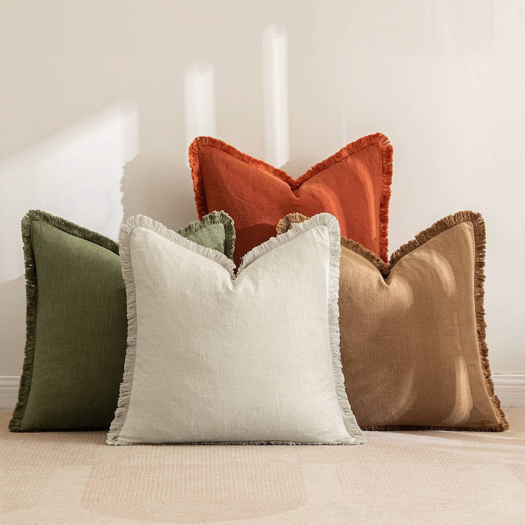 MIULEE Linen Pillow Covers 18x18 Inch Decorative Throw Pillows with Fringe Pack of 4 Soft Farmhouse Boho Couch Pillows Home Decors for Sofa Cushion Living Room Bed Brown Green