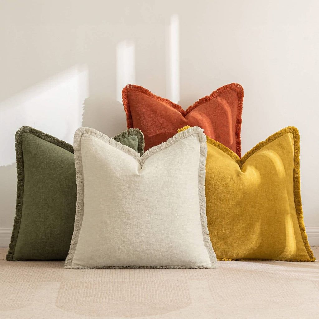 MIULEE Linen Pillow Covers 18x18 Inch Decorative Throw Pillows with Fringe Pack of 4 Soft Farmhouse Boho Couch Pillows Home Decors for Sofa Cushion Living Room Bed Beige Rust