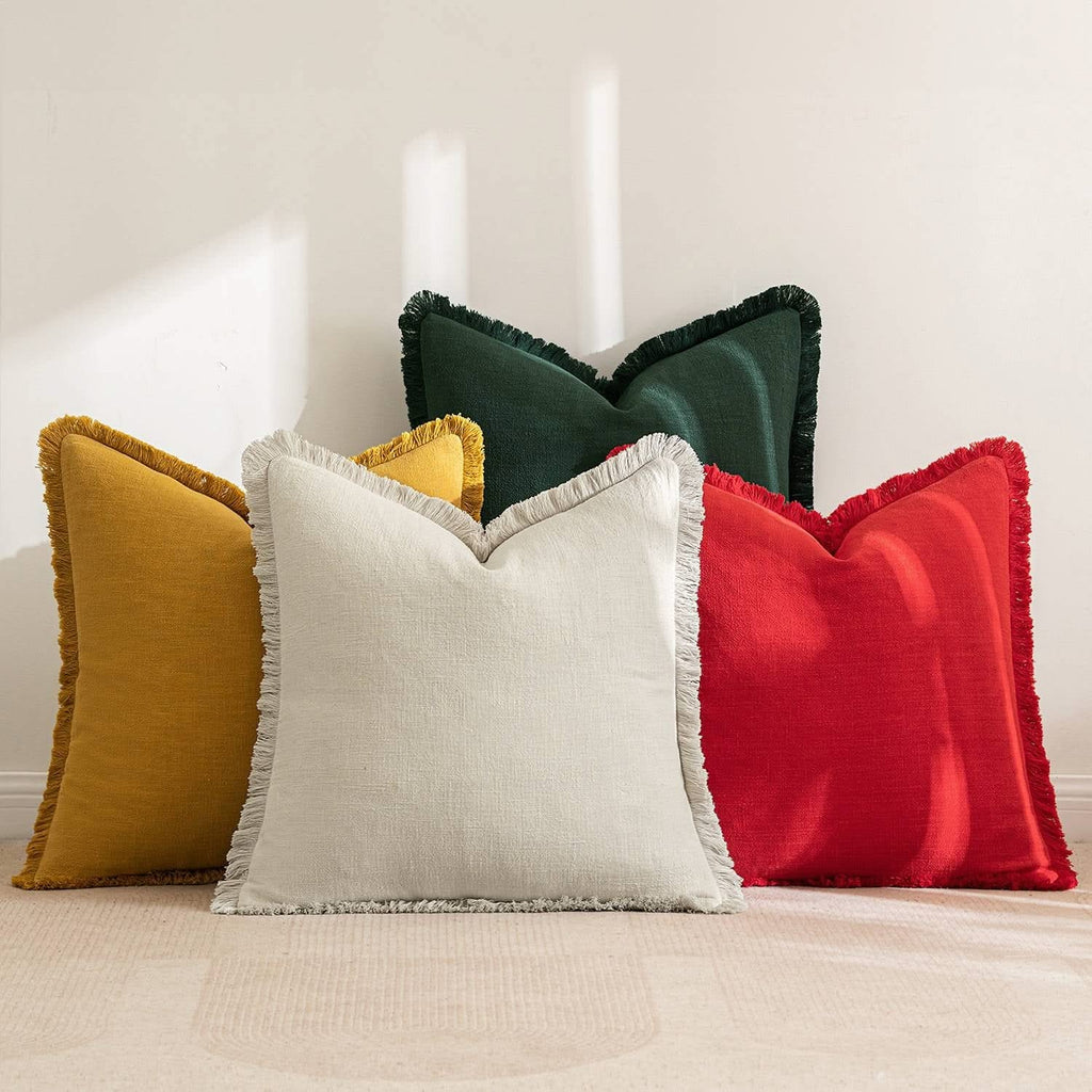 MIULEE Linen Pillow Covers 18x18 Inch Christmas Decorative Throw Pillows with Fringe Pack of 4 Soft Farmhouse Boho Couch Pillows Home Decors for Sofa Cushion Living Room Bed Dark Green and Yellow