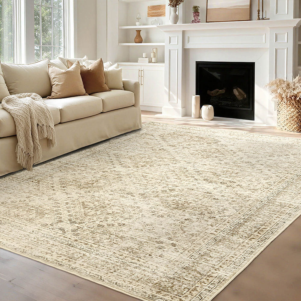 MIULEE 8x10 Vintage Washable Area Rugs Living Room Rug Low Pile Boho Farmhouse Floor Mat Beige