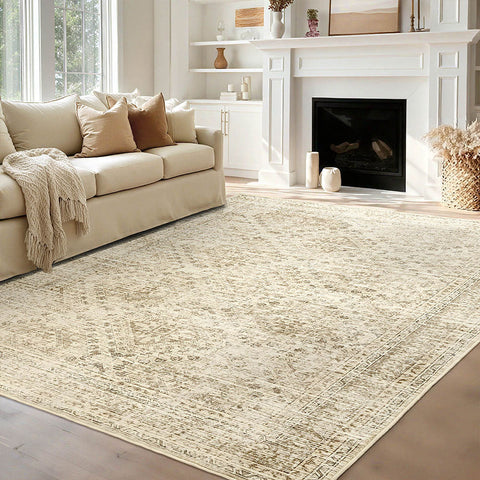 MIULEE 8x10 Vintage Washable Area Rugs Living Room Rug Low Pile Boho Farmhouse Floor Mat Beige