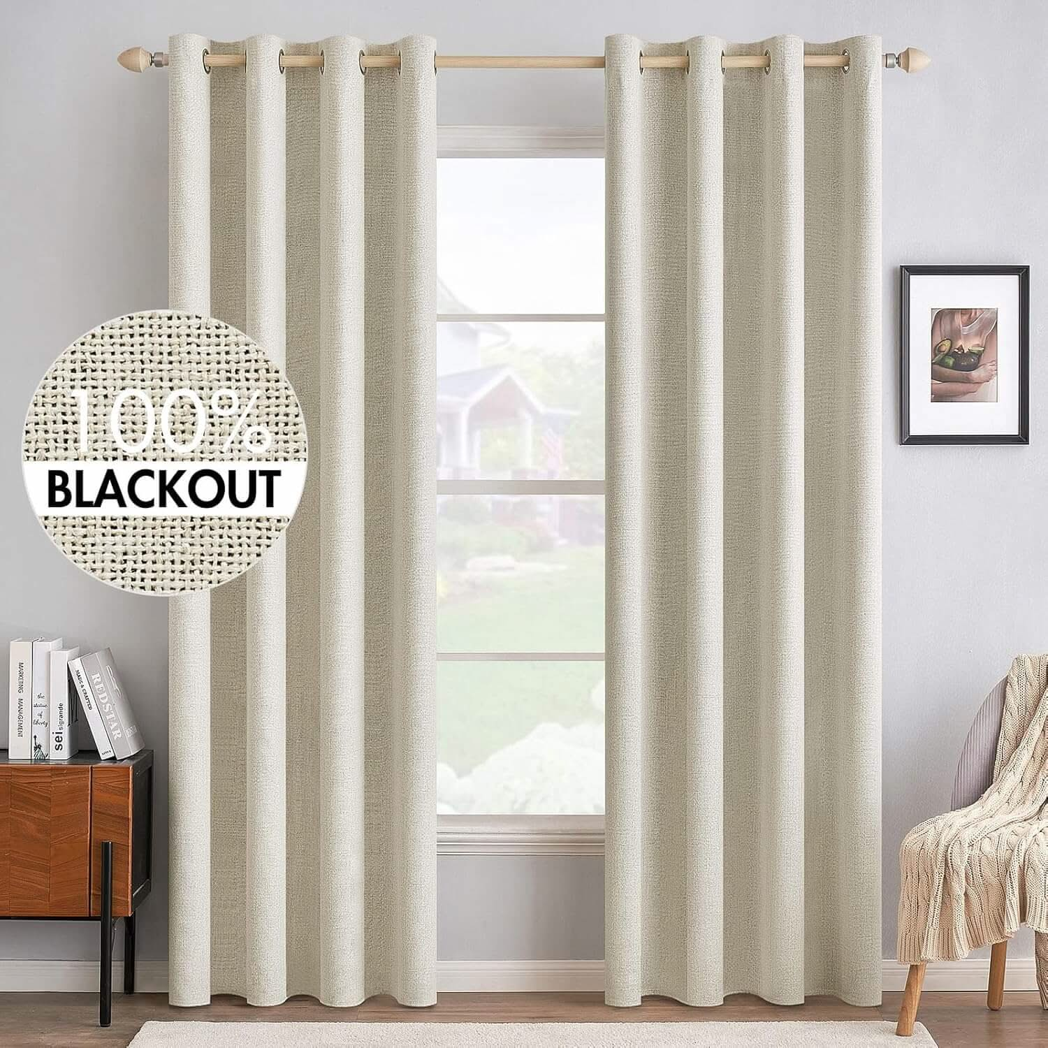 MIULEE Customized 100% Blackout Linen Textured Curtains (2 Panels)-Cream