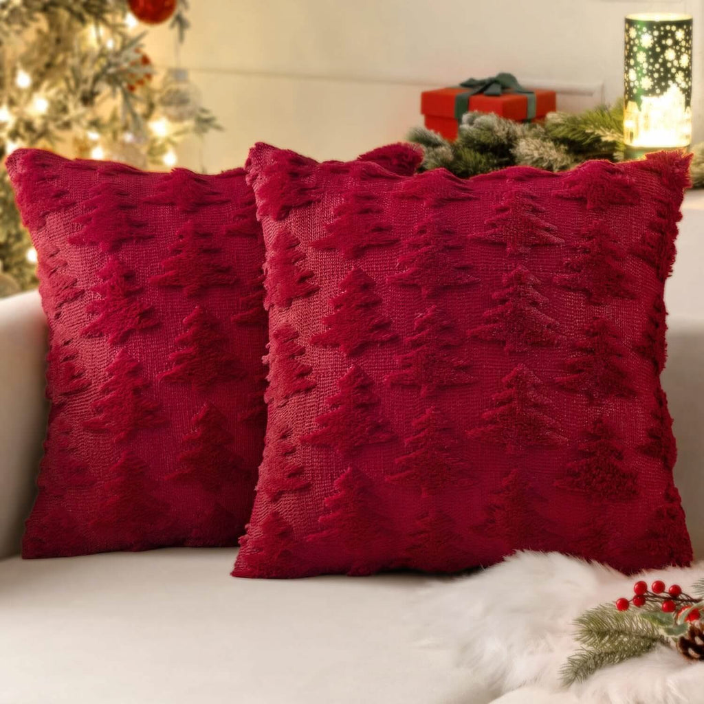 MIULEE Burgundy Red Throw Pillow Covers Christmas Tree Decorative Pillow Covers 18x18 Inch Soft Plush Faux Wool Pillow Covers Set of 2 Farmhouse Couch Pillows Home Decors for Sofa Livingroom Bed