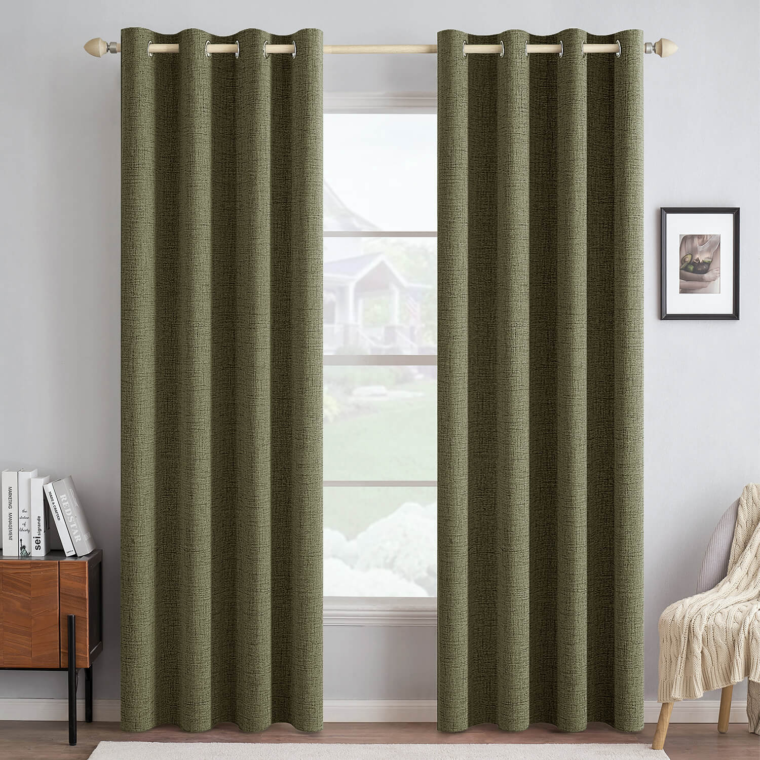 MIULEE Linen Texture Curtains for Bedroom Solid 100% Blackout Thermal Insulated Light Olive Green Curtains Grommet Room Darkening Drapes for Living Room Nursery 52x108 Inch (2 Panels)