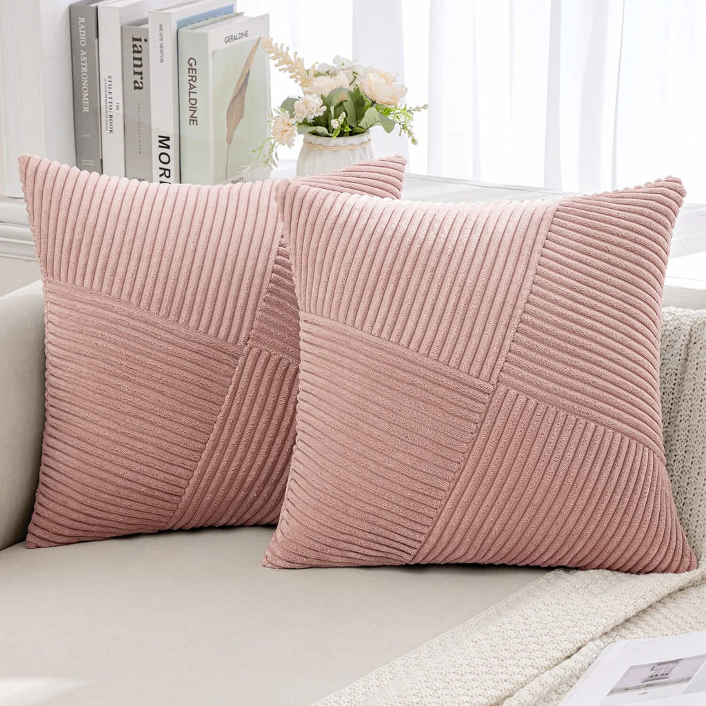 MIULEE Corduroy Pillow Covers Pack of 2 Decorative Windmill Striped Spliced Throw Pillow Covers Soft Couch Pillowcases Boho Patchwork Cushion Covers for Living Room Bed Sofa 16x16 inch, Pink