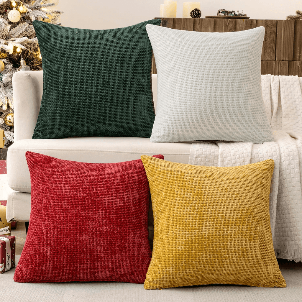 MIULEE Christmas Pack of 4 Couch Throw Pillow Covers 18x18 Inch Christmas Red/Green Soft Decorative Chenille Pillow Covers Farmhouse Cushion Covers for Home Decor Sofa Bedroom Living Room