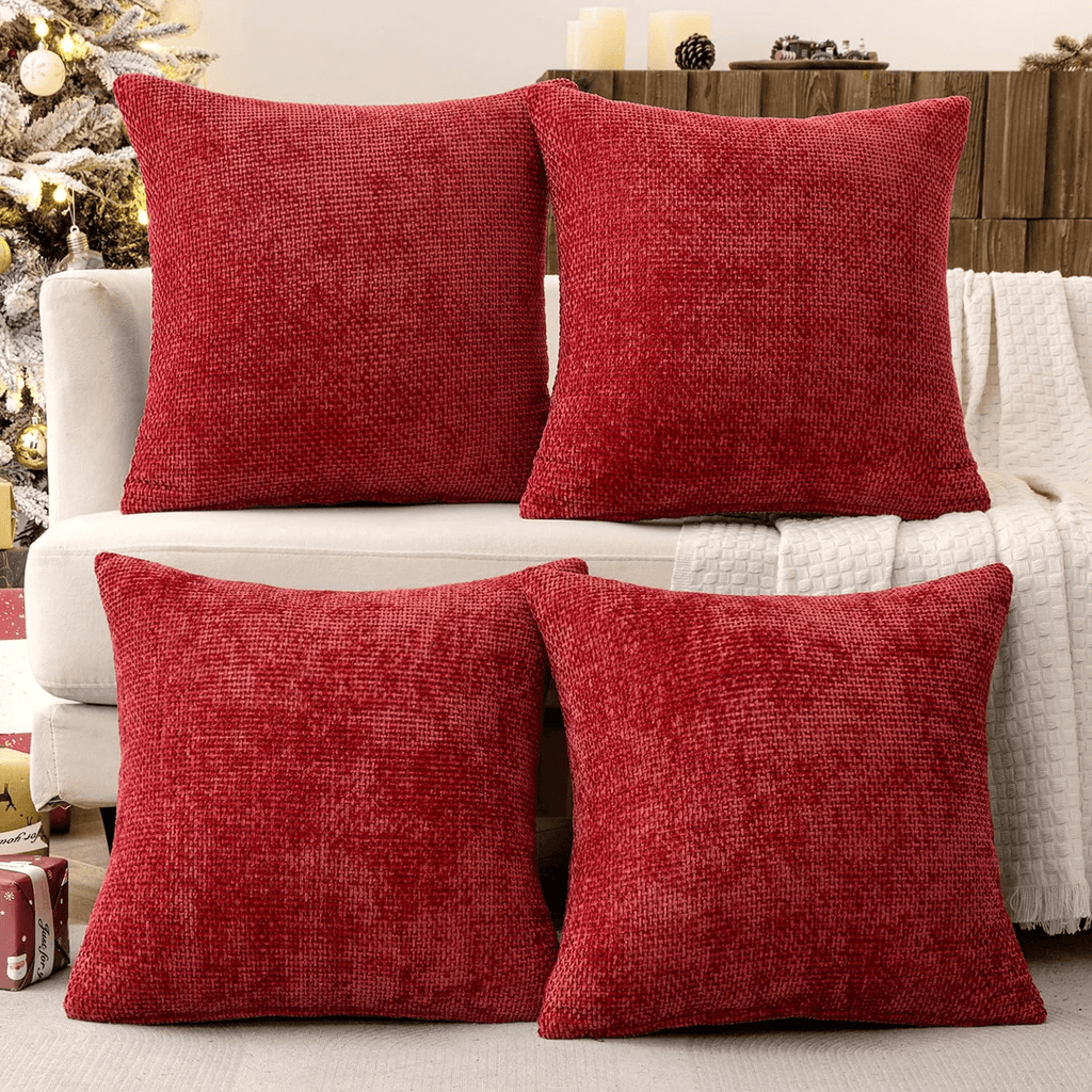 MIULEE Christmas Red Pack of 4 Couch Throw Pillow Covers 18x18 Inch Soft Decorative Chenille Pillow Covers Farmhouse Cushion Covers for Home Decor Sofa Bedroom Living Room