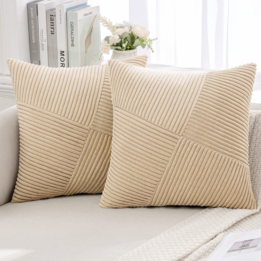 MIULEE Corduroy Pillow Covers Pack of 2 Decorative Windmill Striped Spliced Throw Pillow Covers Soft Couch Pillowcases Boho Patchwork Cushion Covers for Living Room Bed Sofa 20x20 inch, Cream