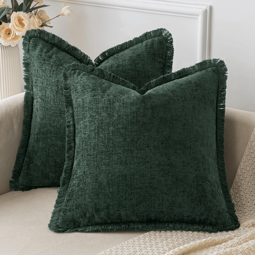 MIULEE Christmas Green Throw Pillow Covers 18x18 Inch Pack of 2 Cozy Chenille Pillow Covers with Tassels Solid Dyed Decorative Throw Pillows for Couch Sofa Bed Living Room Boho Home Decor