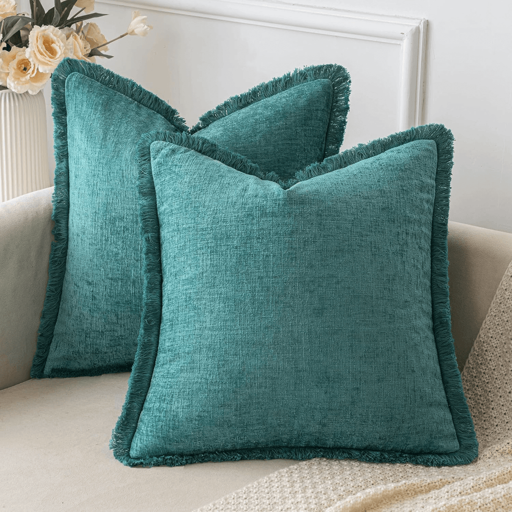 MIULEE Teal Throw Pillow Covers 18x18 Inch Pack of 2 Cozy Chenille Pillow Covers with Tassels Solid Dyed Decorative Throw Pillows for Couch Sofa Bed Living Room Boho Home Decor