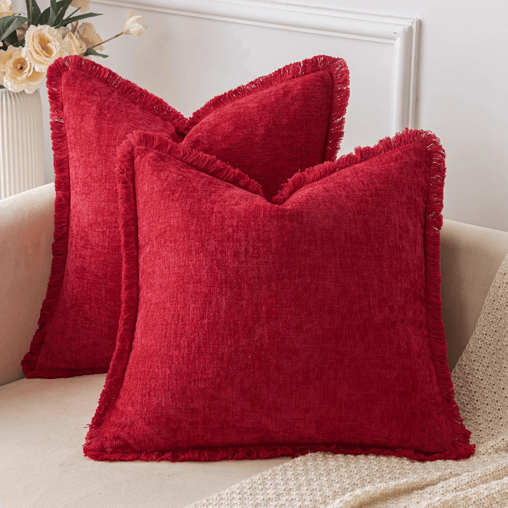 MIULEE Christmas Red Throw Pillow Covers 18x18 Inch Pack of 2 Cozy Chenille Pillow Covers with Tassels Solid Dyed Decorative Throw Pillows for Couch Sofa Bed Living Room Boho Home Decor