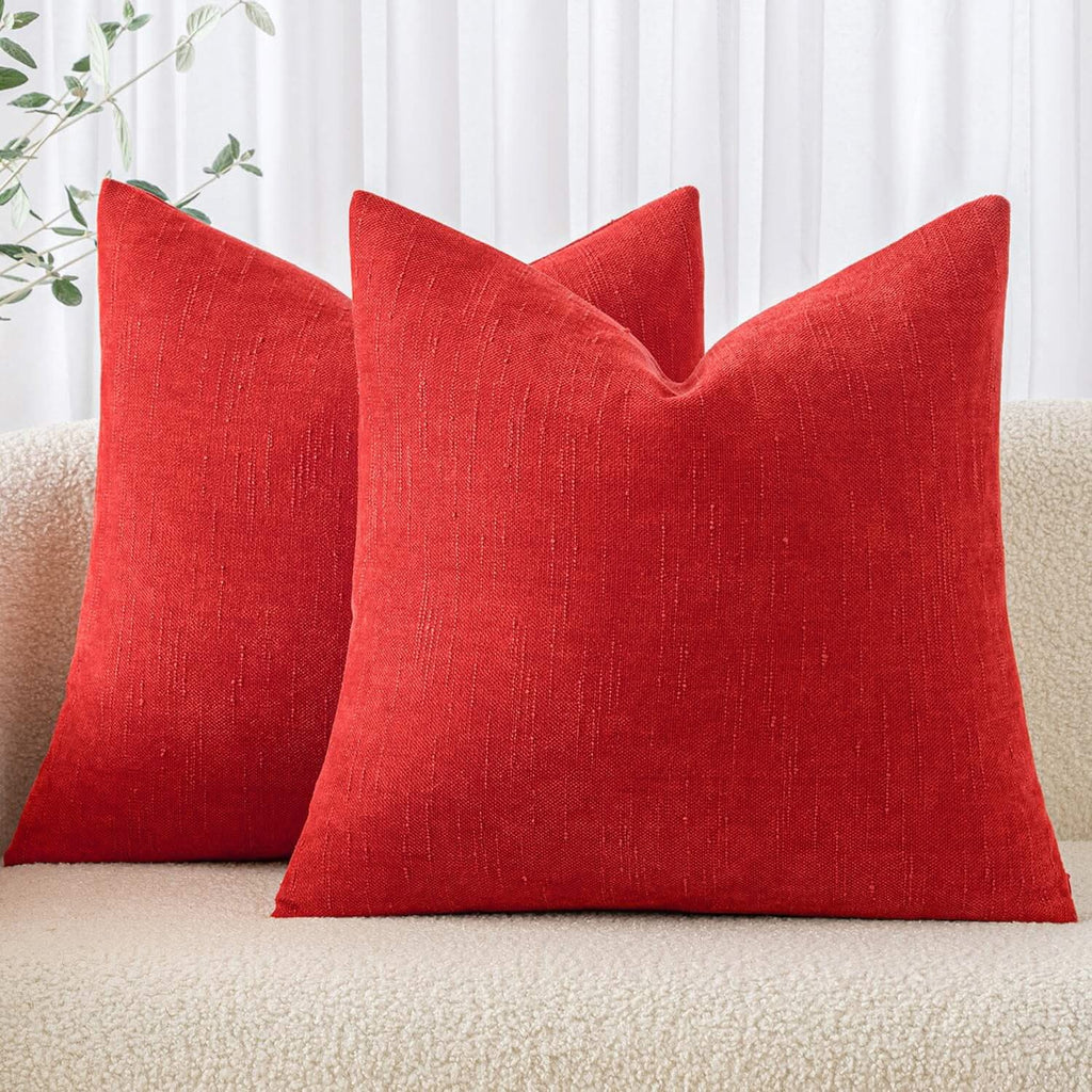 MIULEE Pack of 2 Christmas Decorative Throw Pillow Covers Soft Chenille Throw Pillows Solid Textured Cushion Covers for Couch Sofa Bedroom Living Room 18x18 Inch, Red