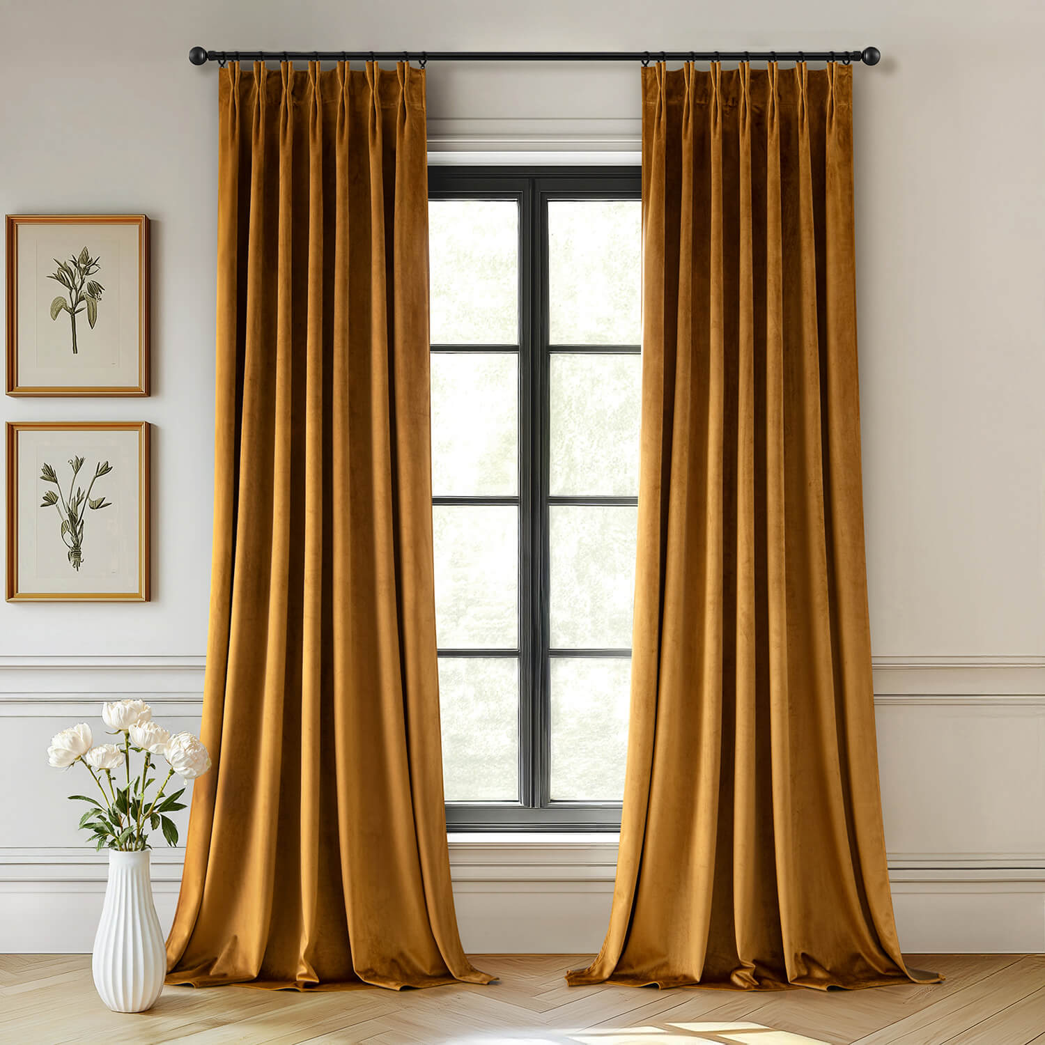 MIULEE Velvet Pinch Pleated Blackout Curtains 108 inches Long, Gold Brown Pleat Design Thermal Insulated Luxury Window Drapes for Living Room Bedroom with Hooks, Set of 2