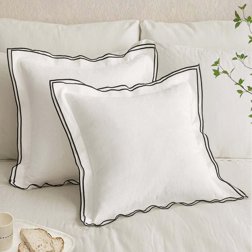 MIULEE Linen Pillow Covers 18x18 Inch Cream White Throw Pillow Covers Christmas Cozy Boho Farmhouse Cushion Covers Embroidered Borders for Couch Sofa Bedroom Living Room Home Decor