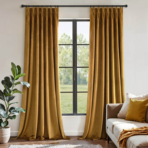 MIULEE Gold Velvet Blackout Curtains 108 inches Long, Pinch Pleated Drapes with Hooks, Thermal Insulated Pleat Design Luxury Panels for Living Room Bedroom, Set of 2