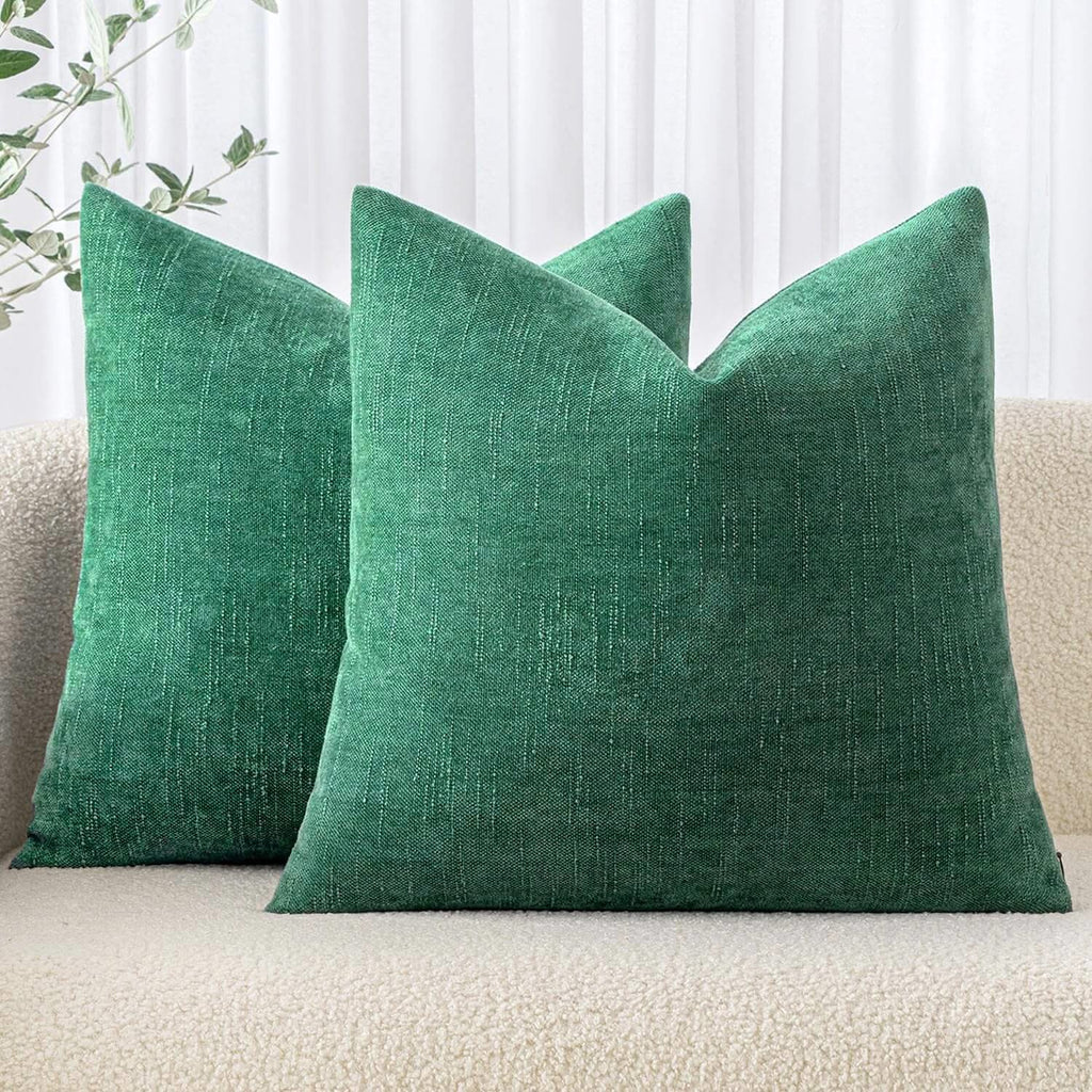 MIULEE Pack of 2 Christmas Decorative Throw Pillow Covers Soft Chenille Throw Pillows Solid Textured Cushion Covers for Couch Sofa Bedroom Living Room 18x18 Inch, Dark Green