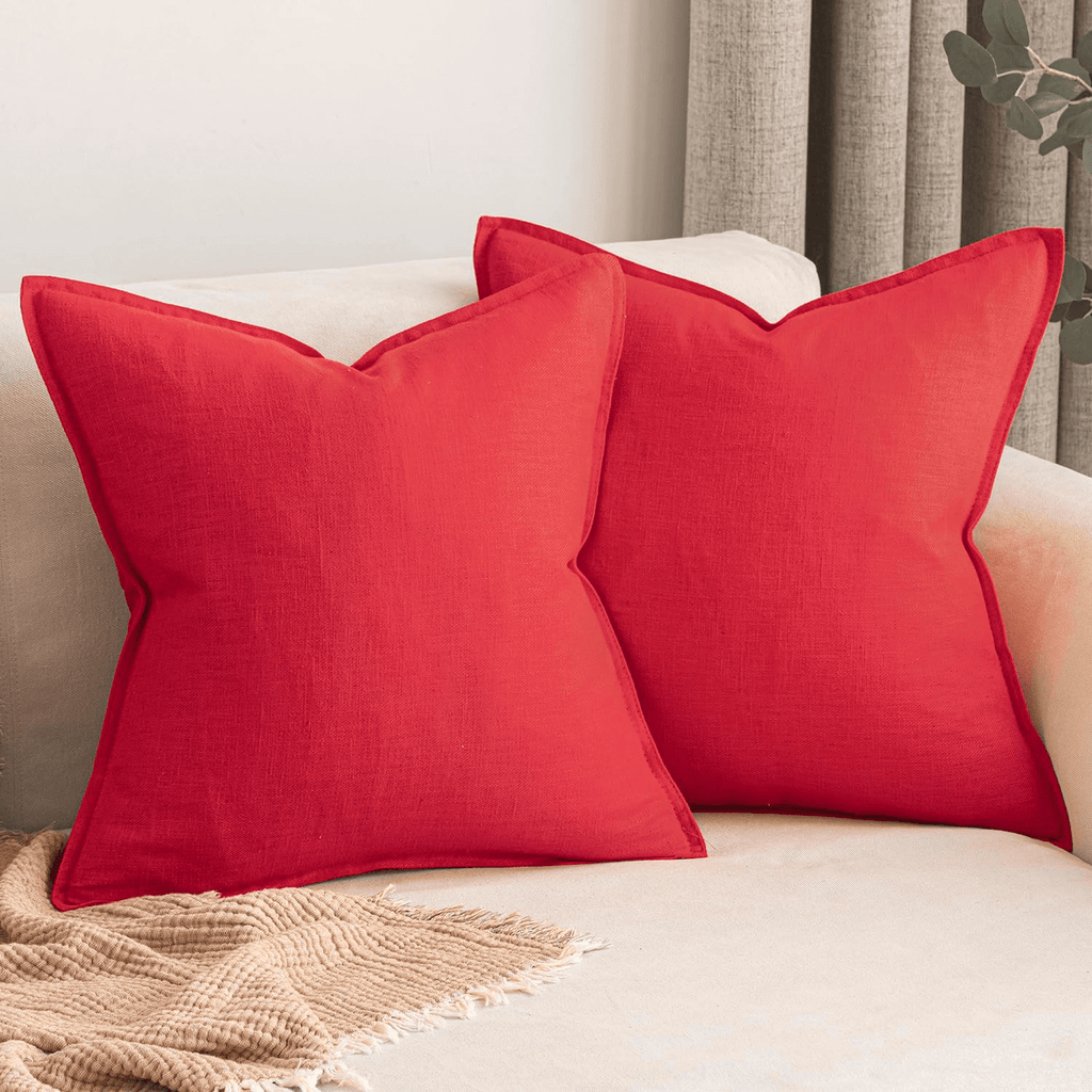 MIULEE Pack of 2 Christmas Decorative Linen Pillow Covers 18x18 Inch Red Soild Farmhouse Neutral Throw Pillow Covers Soft Accent Pillowcases Home Decors for Couch Sofa Cushion Living Room Bed