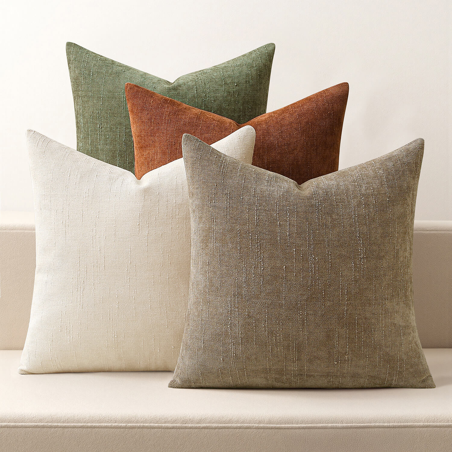 MIULEE Set of 4 Decorative Throw Pillow Covers Soft Couch Chenille Pillows Farmhouse Accent Cushion Covers for Sofa Bed Living Room Brown Green 18x18 Inch