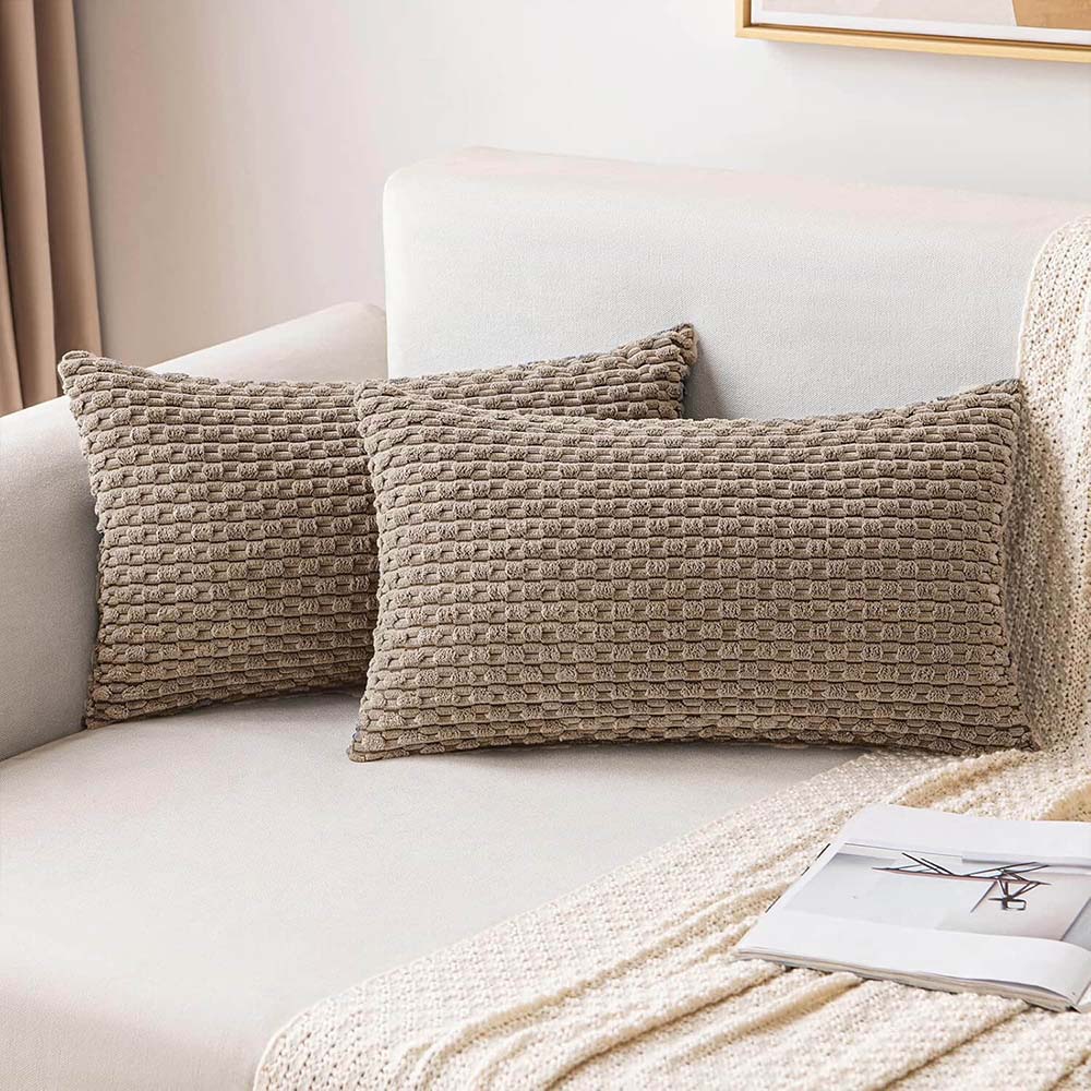 MIULEE Throw Pillow Covers Soft Corduroy Decorative Set of 2 Boho Striped Pillow Covers 12x20 Inch Light Brown