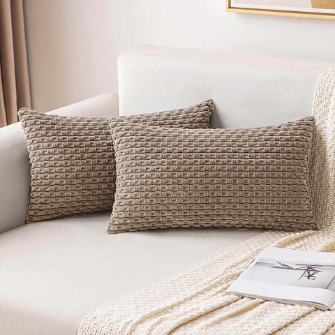 MIULEE Throw Pillow Covers Soft Corduroy Decorative Set of 2 Boho Striped Pillow Covers 12x20 Inch Light Brown