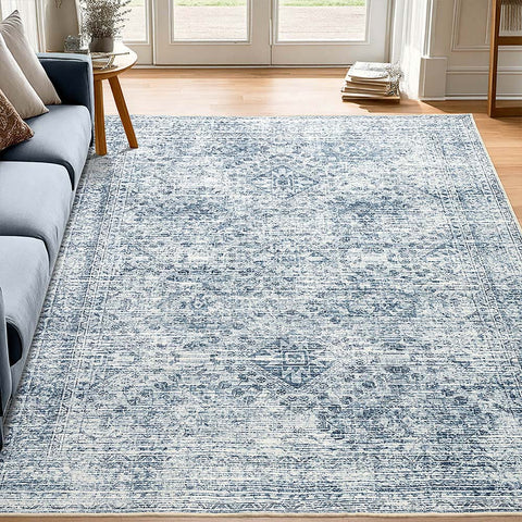 MIULEE 6x9 Vintage Living Room Rug Washable Area Rugs Low Pile Floor Mat Blue