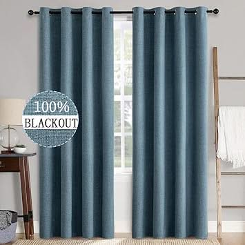 MIULEE Customized 100% Blackout Linen Textured Curtains (2 Panels)-Dusty Blue