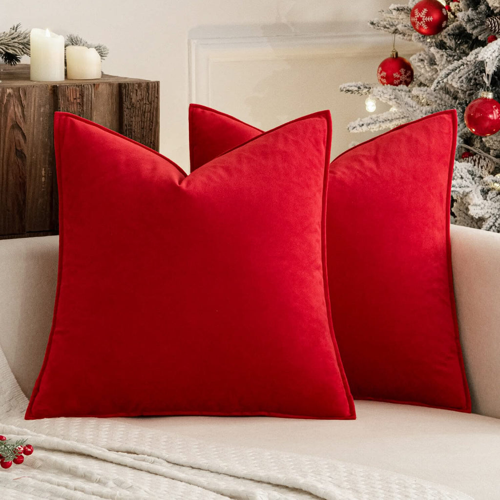 MIULEE Pack of 2 Christmas Bright Red Decorative Velvet Throw Pillow Covers Soft Pillowcases Spring Solid Square Cushion Case for Sofa Bedroom Car 18x18 Inch