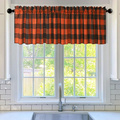 Cortinas de cuadros escoceses de color naranja y negro de MIULEE para ventana, decoración otoñal, cenefas de bolsillo para barra con cuadros escoceses de estilo rústico para cocina, baño, sala de estar, 52" x 18"