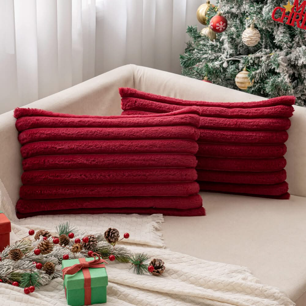 MIULEE Christmas Burgundy Throw Pillow Covers 12x20 Inch Set of 2 Soft Couch Pillow Covers with Velvet Back Faux Rabbit Fur Throw Pillows Decorative Home Decor for Sofa Bedroom Livingroom