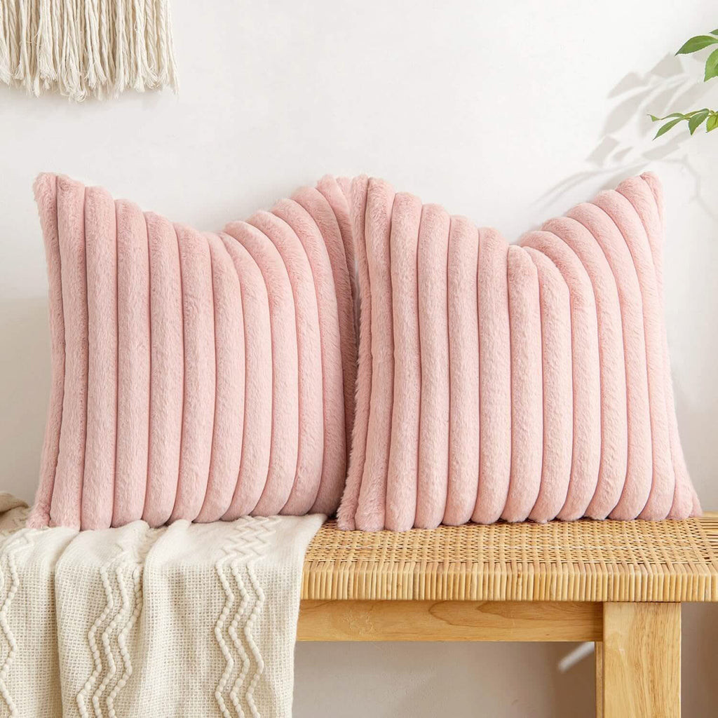 MIULEE Light Pink Throw Pillow Covers 18x18 Inch Set of 2 Soft Pillowcase with Velvet Back Faux Rabbit Fur Cushion Covers Decorative Home Decor for Couch Sofa Bedroom Livingroom