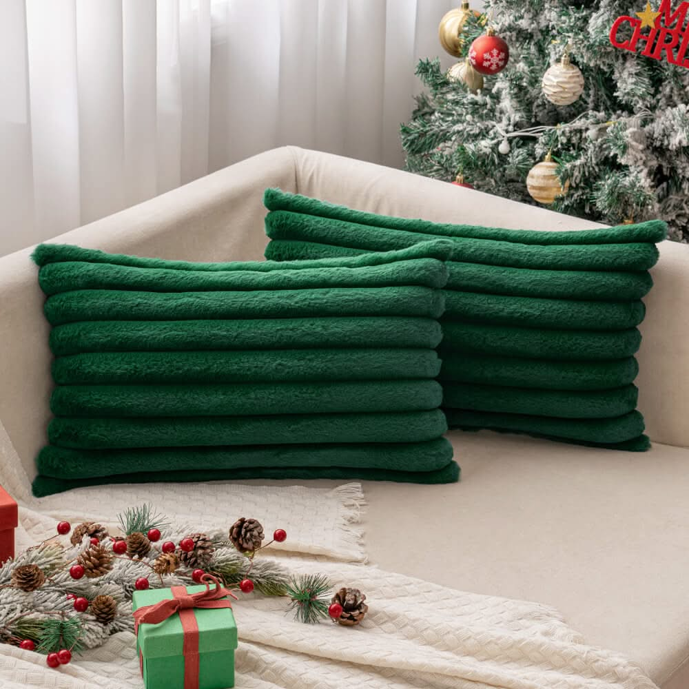 MIULEE Christmas Dark Green Throw Pillow Covers 12x20 Inch Set of 2 Soft Couch Pillow Covers with Velvet Back Faux Rabbit Fur Throw Pillows Decorative Home Decor for Sofa Bedroom Livingroom