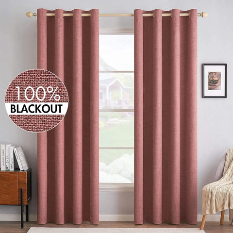 MIULEE Customized 100% Blackout Linen Textured Curtains (2 Panels)-Dusty Rose