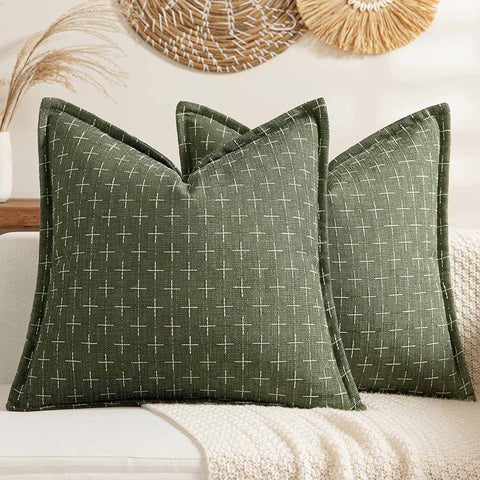 Fall Decorative Farmhouse Burlap Linen Fall Throw Pillows Covers  Olive Green 26x26-inch