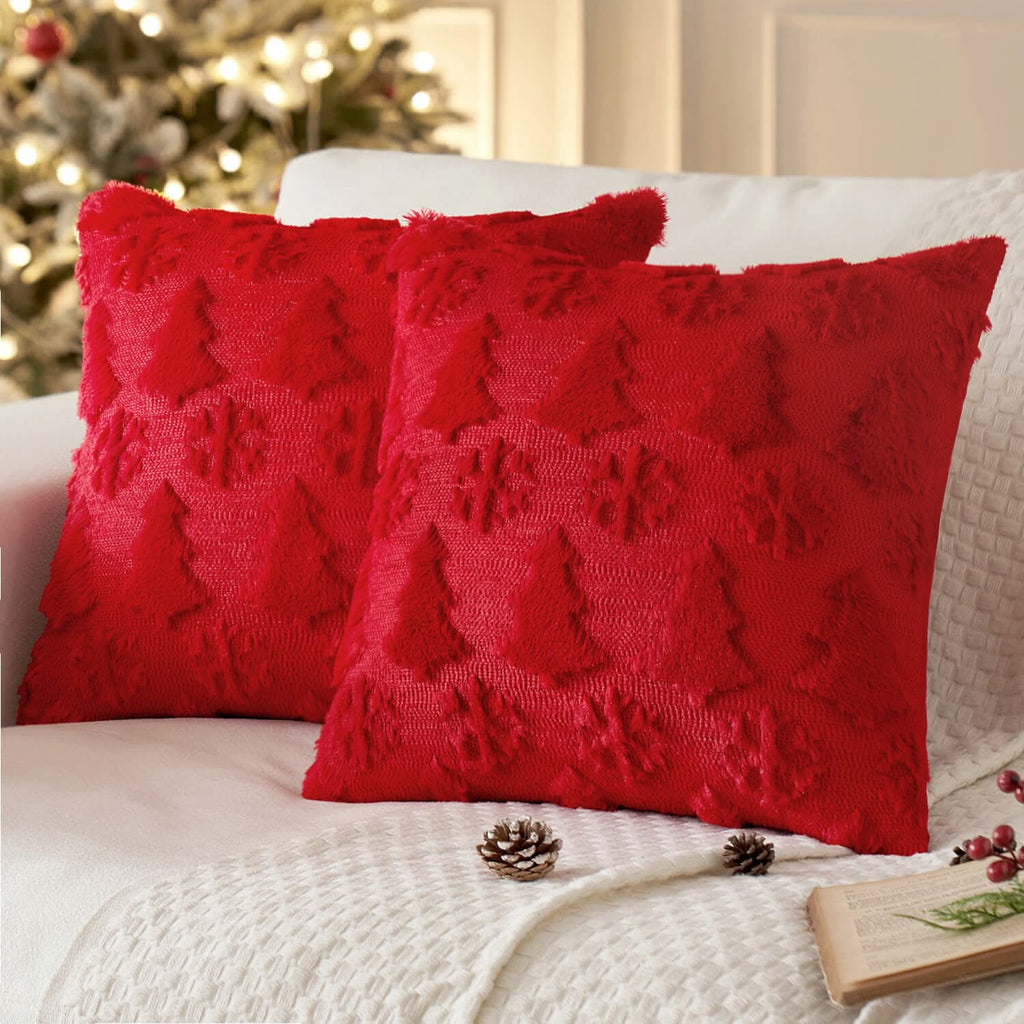 MIULEE Christmas Tree and Snowflakes Pillow Covers 18x18 Inch Red Throw Pillows Set of 2 Decorative Soft Fluffy Pillowcases for Home Decors Couch Sofa Livingroom Bed