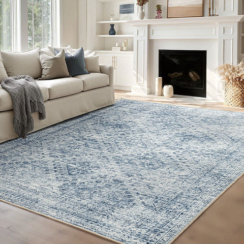 MIULEE 8x10 Vintage Washable Area Rugs Living Room Rug Low Pile Boho Farmhouse Floor Mat Blue