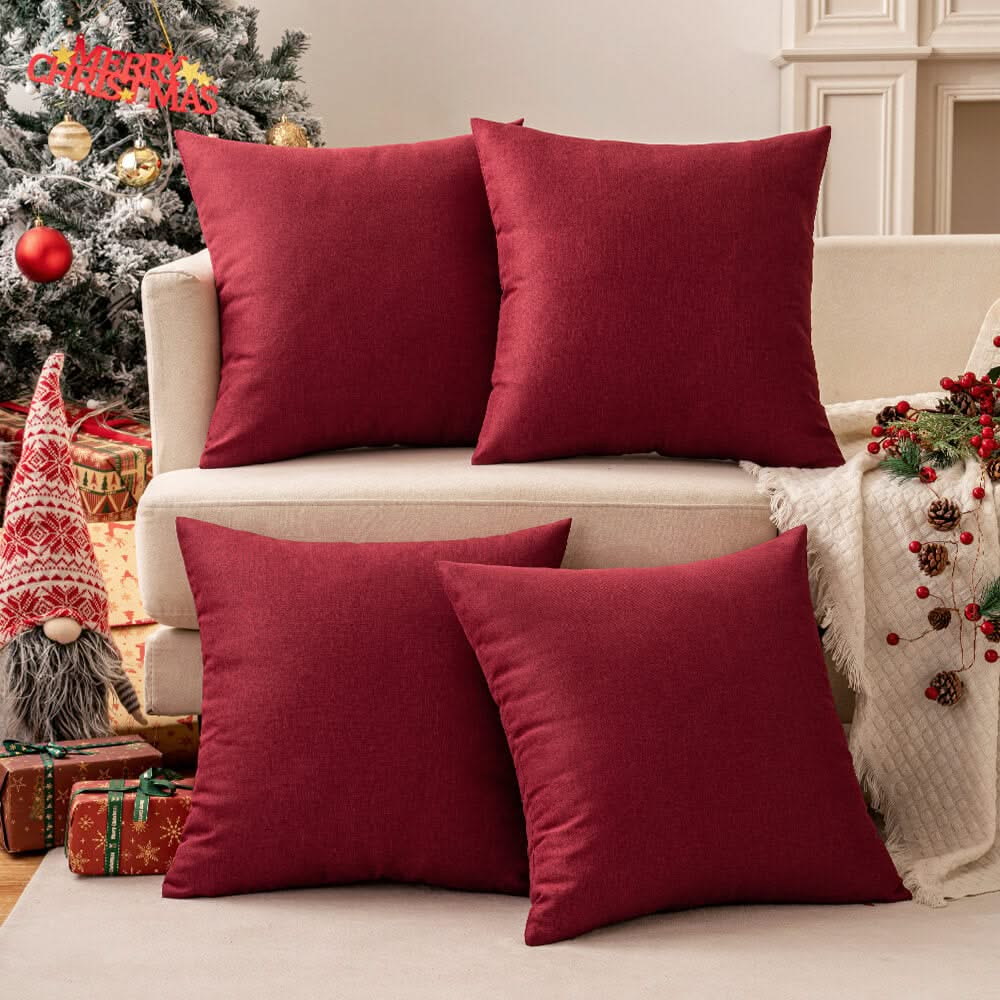 MIULEE Christmas Pack of 4 Decorative Outdoor Throw Pillow Covers Linen Waterproof Pillow Covers Farmhouse Cushion Cases for Patio Garden Tent Balcony Couch Sofa18x18 inch Burgundy