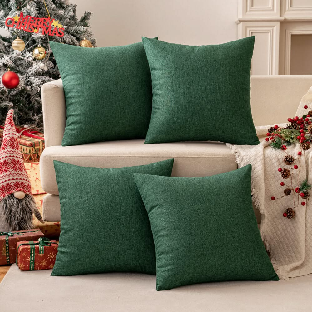 MIULEE Christmas Pack of 4 Decorative Outdoor Throw Pillow Covers Linen Waterproof Pillow Covers Farmhouse Cushion Cases for Patio Garden Tent Balcony Couch Sofa18x18 inch Dark Green