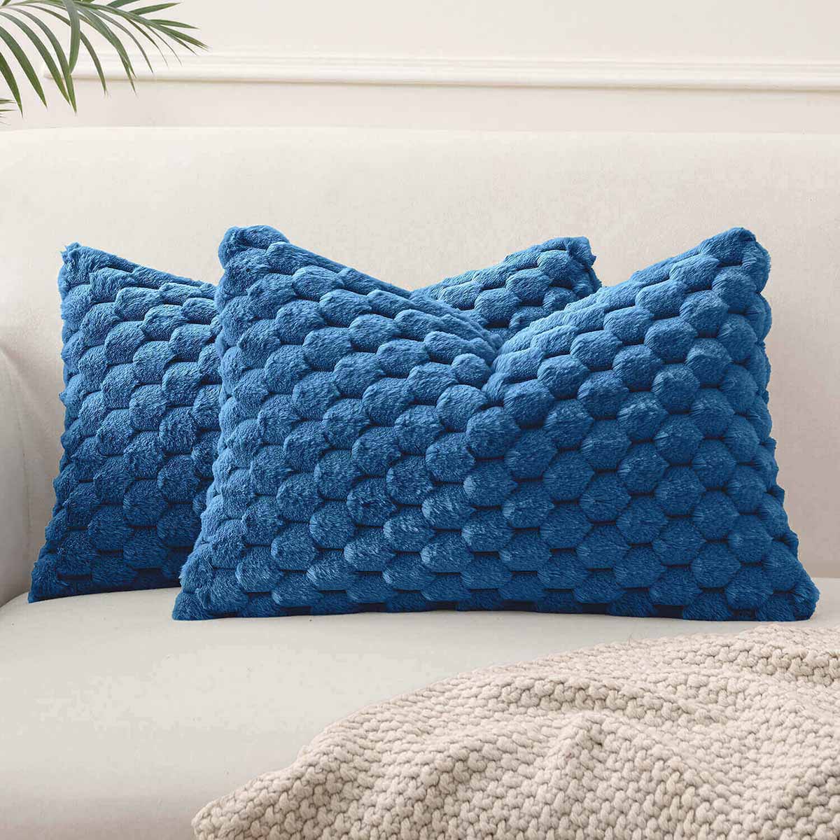 Soft Plush Faux Fur Decorative Throw Pillow Covers Navy Blue 20x12-inch