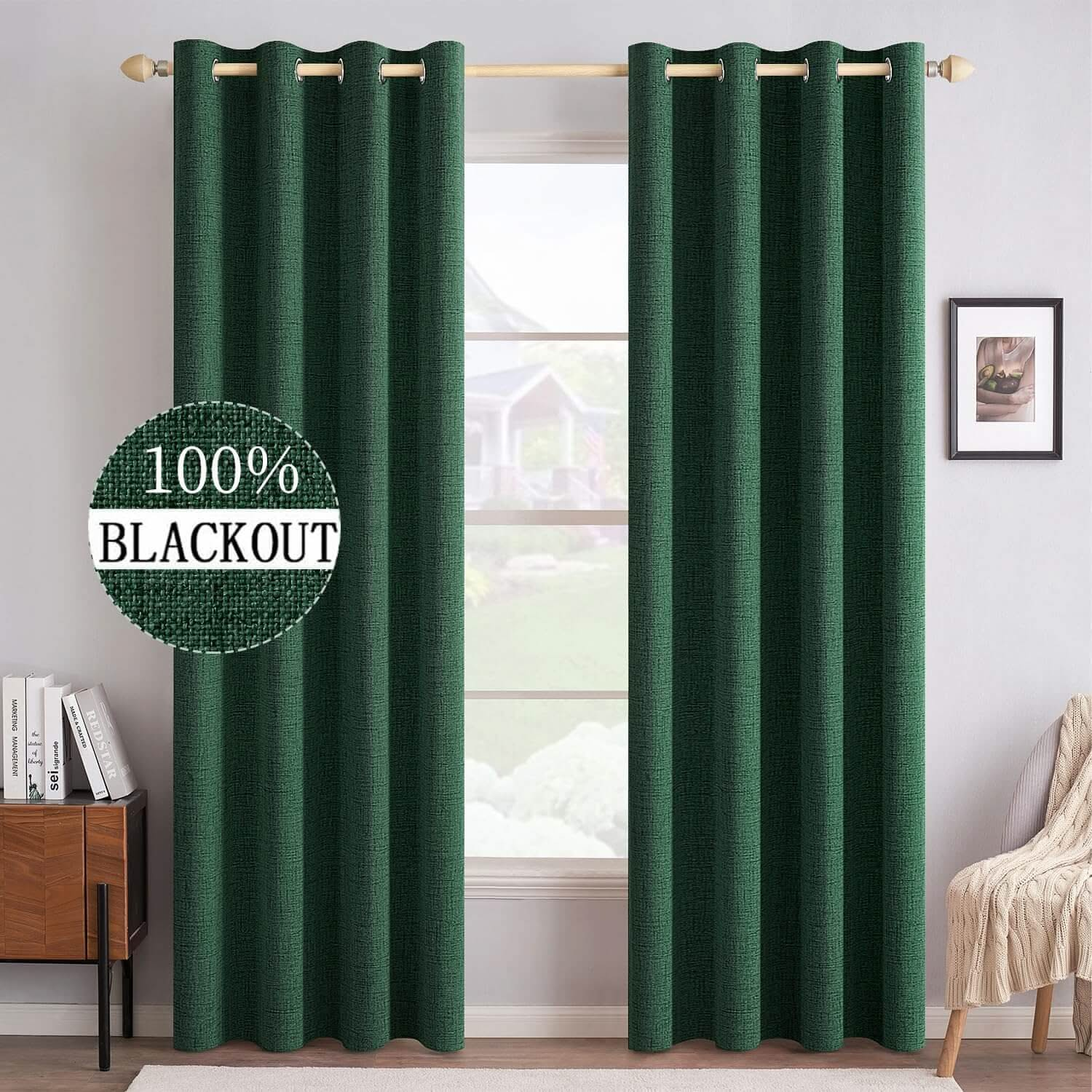 MIULEE Customized 100% Blackout Linen Textured Curtains (2 Panels)-Emerald Green