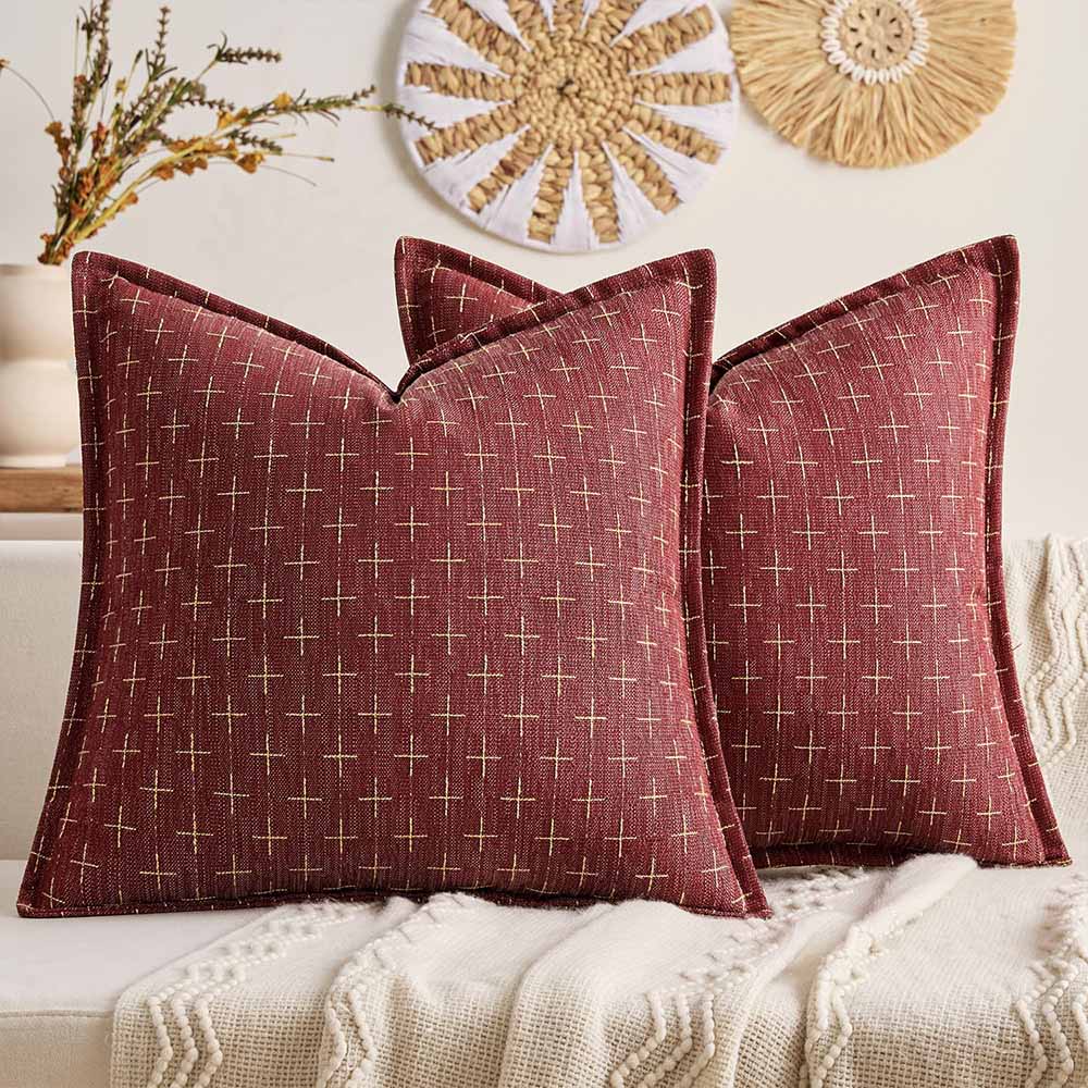 Fall Decorative Farmhouse Burlap Linen Fall Throw Pillows Covers  Wine Red 20x20-inch