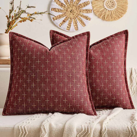 Fall Decorative Farmhouse Burlap Linen Fall Throw Pillows Covers  Wine Red 20x20-inch
