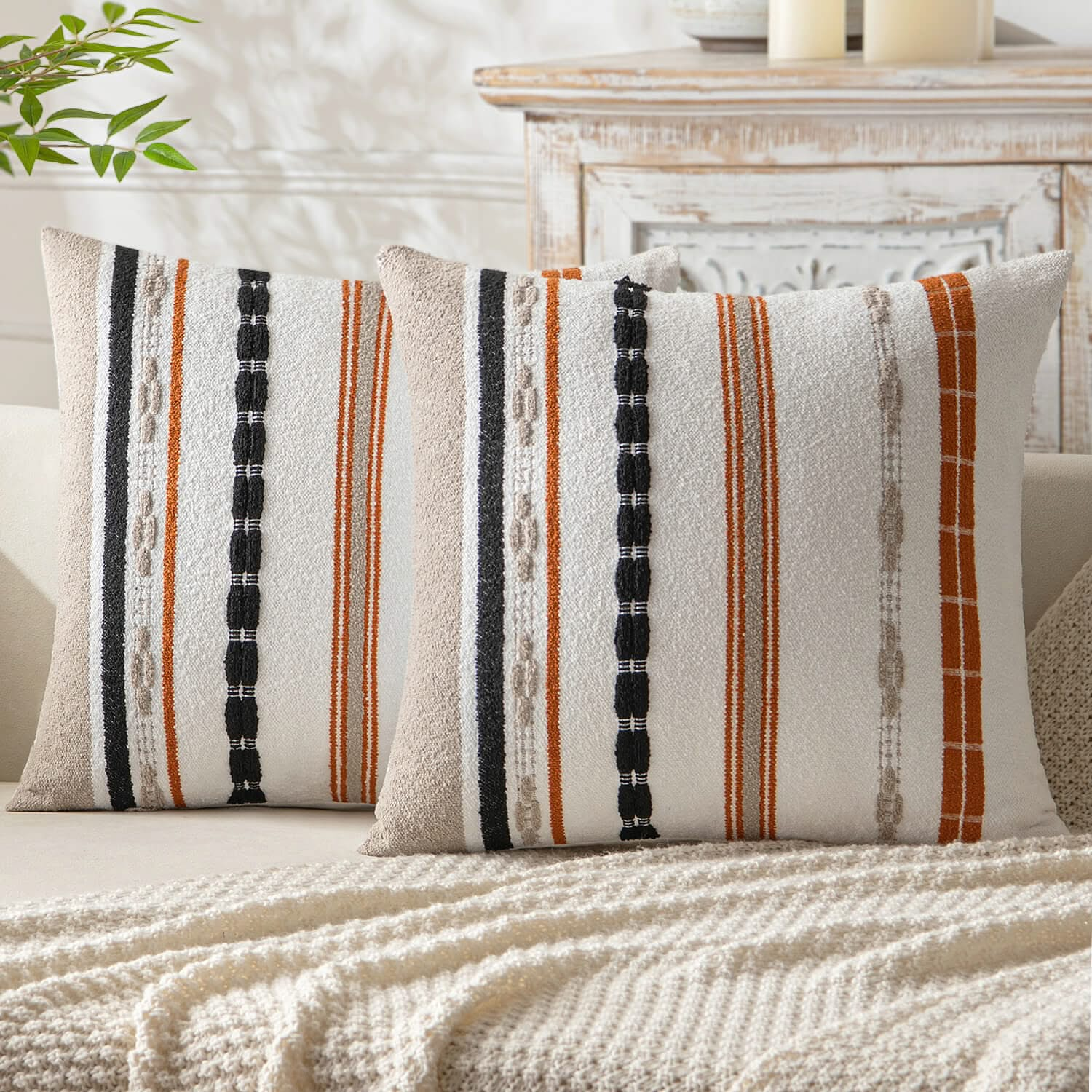 MIULEE Set of 2 Fall Decorative Throw Pillow Covers Boho Farmhouse Cushion Covers Chenille Striped Pillow Covers Soft Accent Neutral Pillowcases for Sofa Couch Bed Home Decor,16¡Á16 Inch,Orange