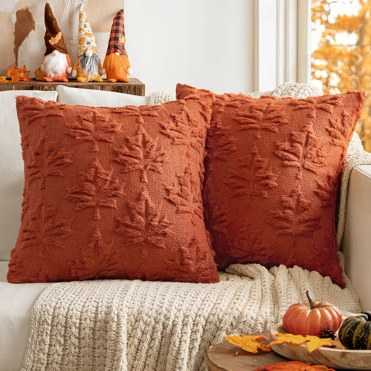 MIULEE Fall Throw Pillow Covers 18x18 Rust Red Set of 2 Autumn Decorative Hollow Maple Leaf Pattern Pillow Covers Soft Plush Faux Wool Couch Pillow Covers for Couch Bed Room
