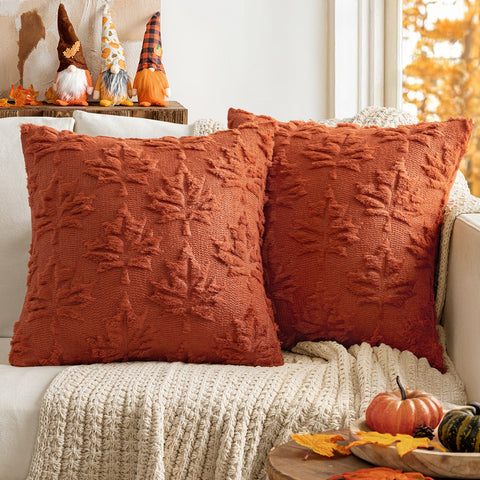 MIULEE Fall Throw Pillow Covers 18x18 Rust Red Set of 2 Autumn Decorative Hollow Maple Leaf Pattern Pillow Covers Soft Plush Faux Wool Couch Pillow Covers for Couch Bed Room