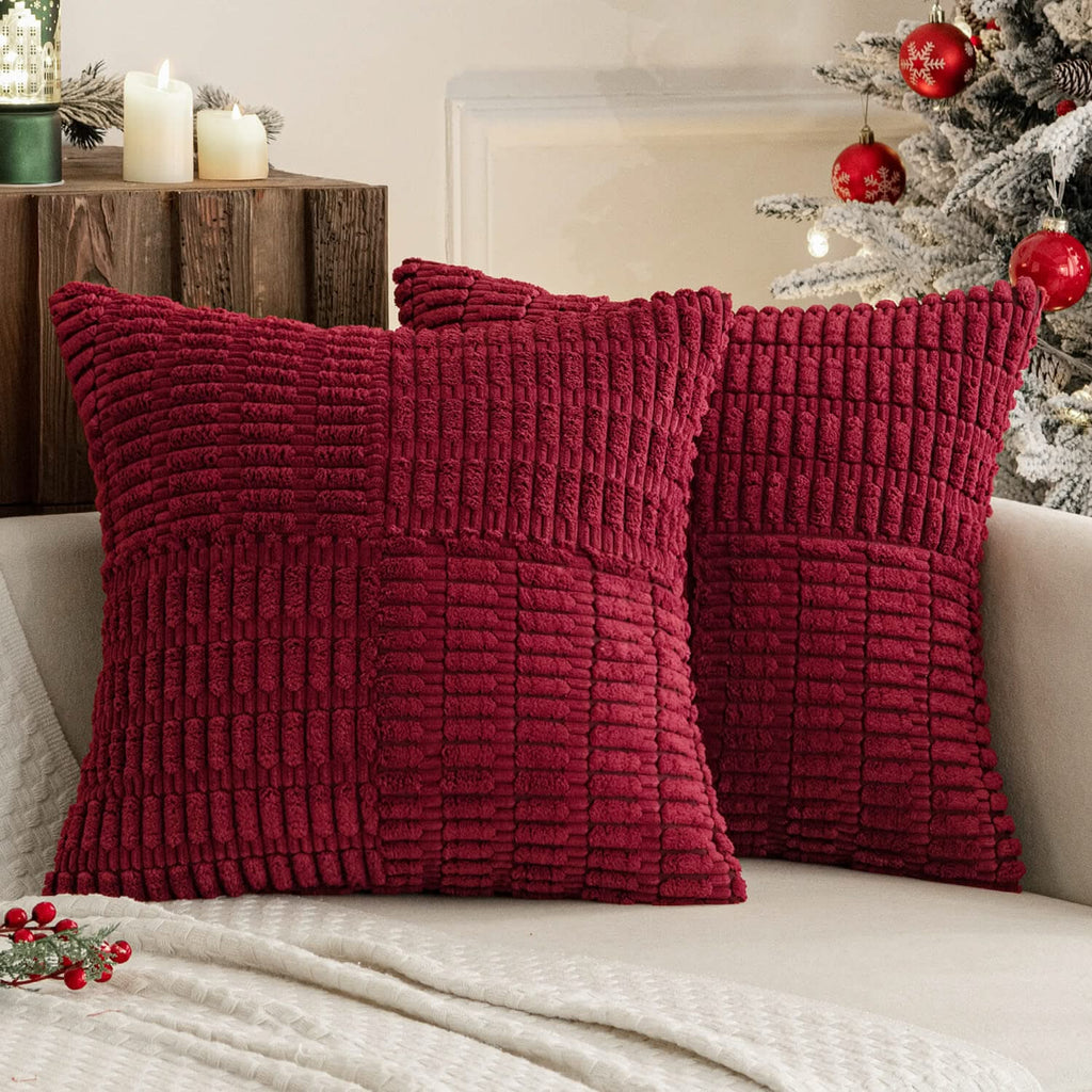 MIULEE Christmas Burgundy Corduroy Pillow Covers Pack of 2 Boho Decorative Spliced Throw Pillow Covers Soft Solid Couch Pillowcases Patchwork Textured Cushion Covers for Living Room Sofa 18x18 inch