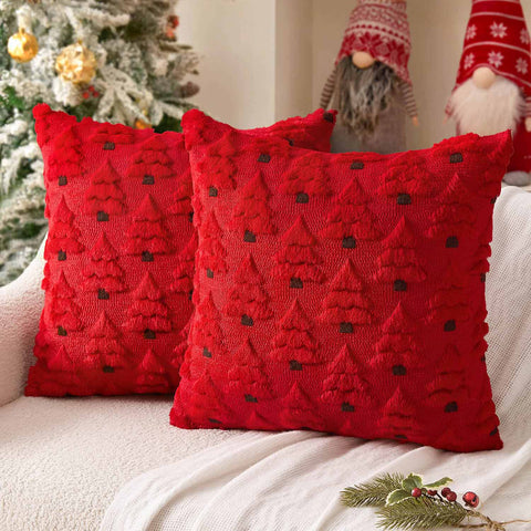Christmas Tree Decorative Faux Wool Pillow Covers Red 18x18-inch